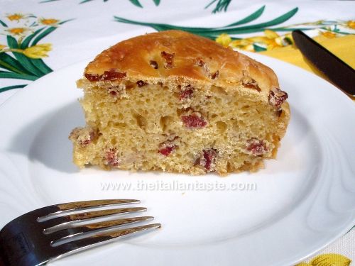 Savory cake with mushrooms in oil and bacon