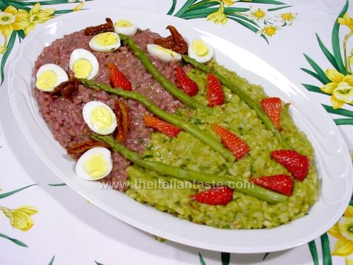 Risotto bicolore agli asparagi e fragole