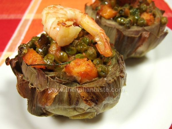 Carciofi ripieni di gamberi e piselli